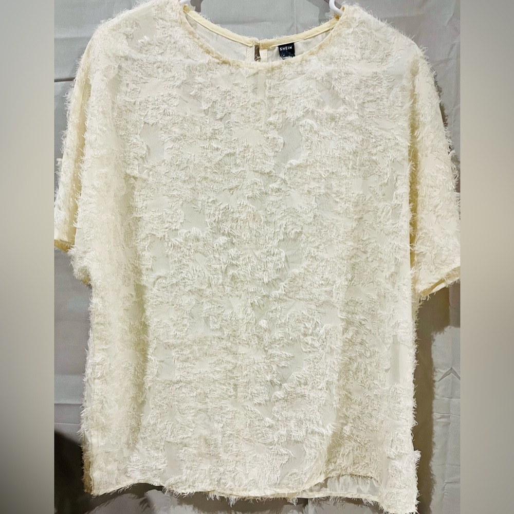 SHEIN Size Large Short Sleeve Cream Blouse with Intricate Lace Detail